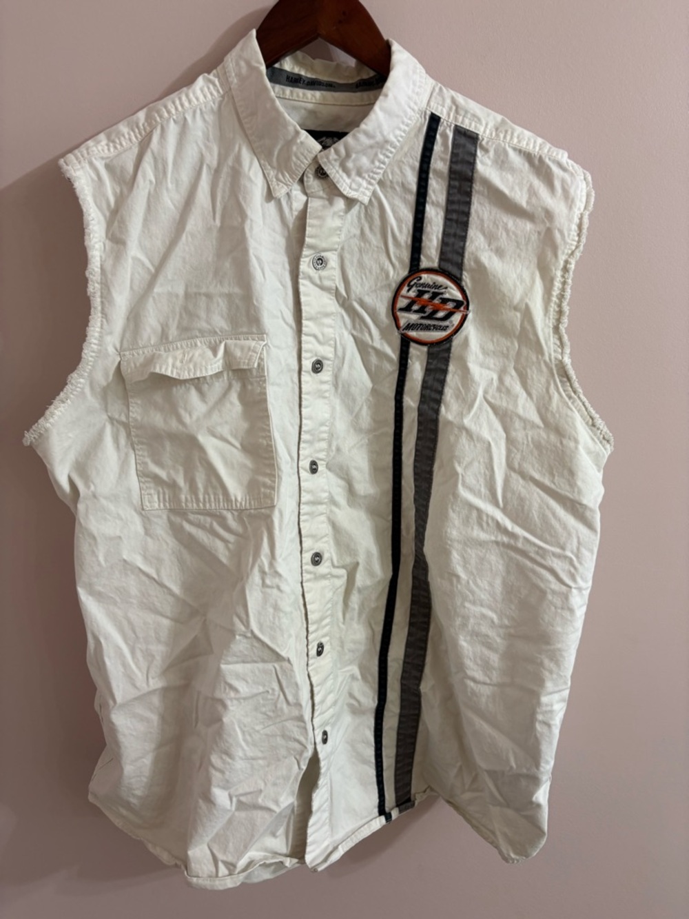 Harley Davidson XL Sleeveless Button-Up Shirt with Racing Stripe and Patch